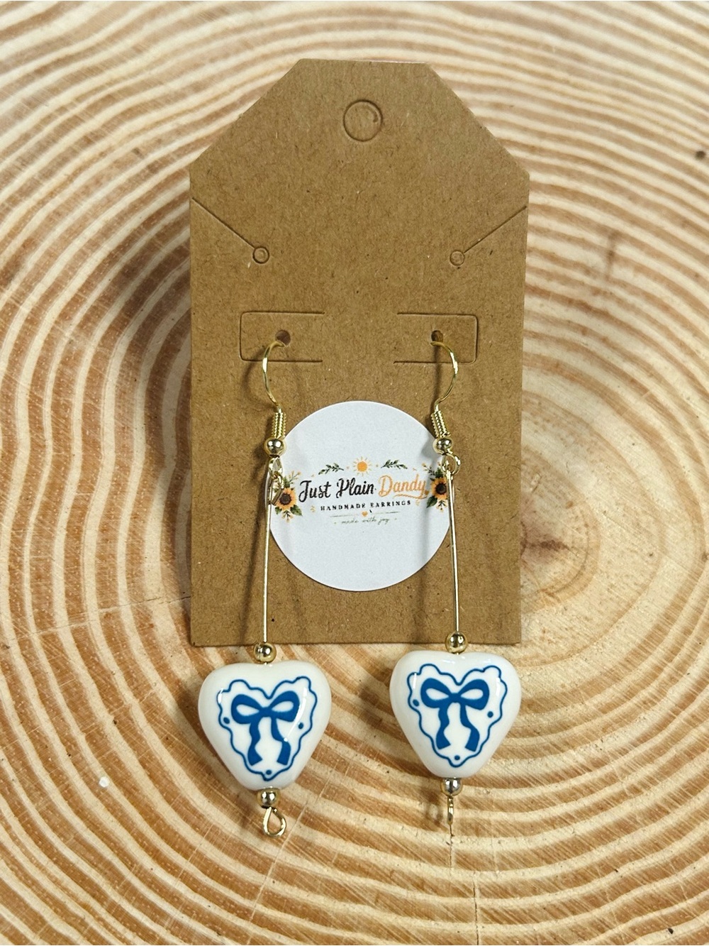 Blue Bow Heart Dangle Earrings White Porcelain Style Coquette Jewelry